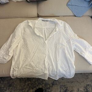 Zara White Eyelet Button Down Shirt